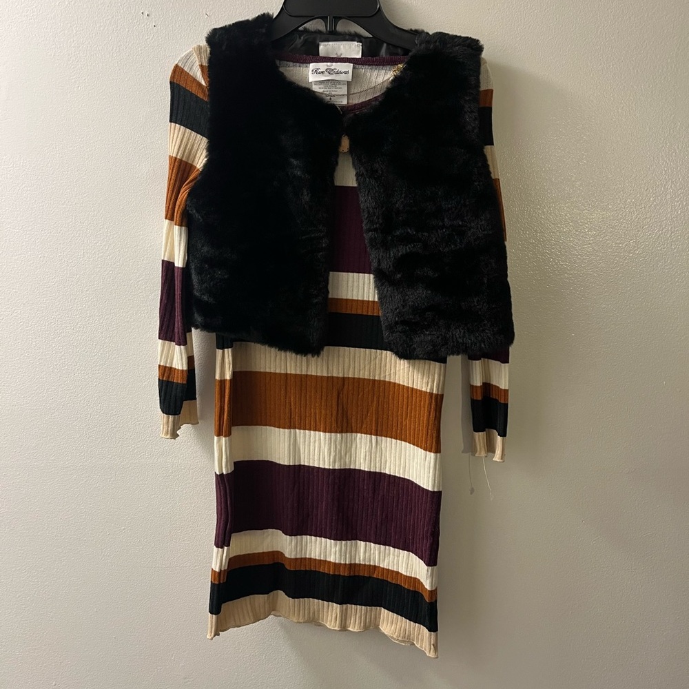 NWT Rare Edition Striped Dress Set 3 Piece. Faux Fur Vest and Matching necklace